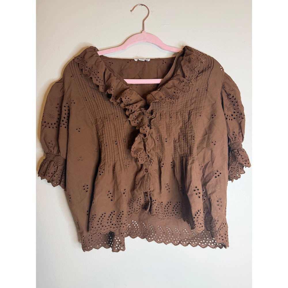 Ultra Pink Eyelet Ruffle Eyelet Peasant Blouse XL Brown Boho Cottagecore